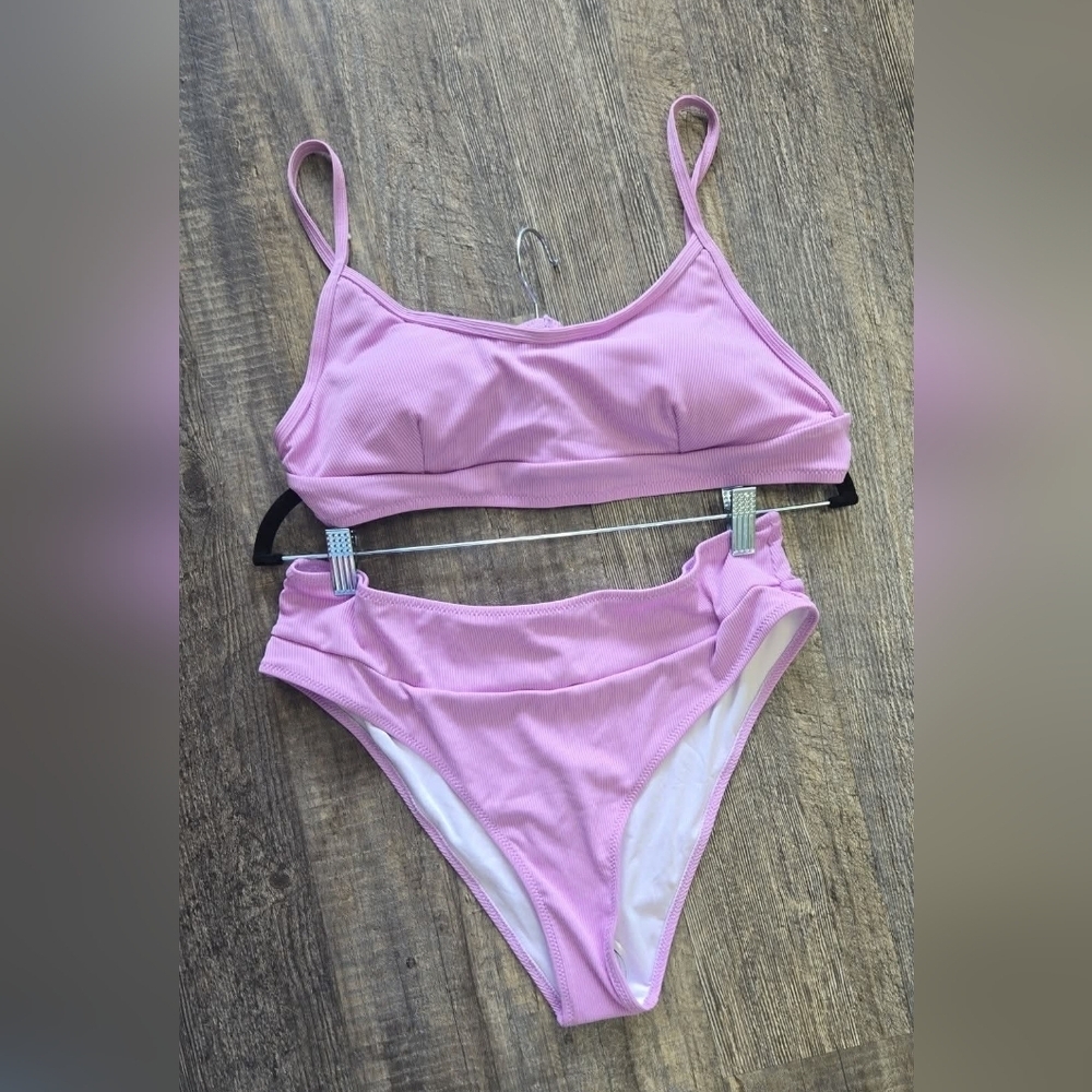 NWT Hilinker Ribbed Lavender Bikini Set XL | High Waist 2-Piece Swimsuit
